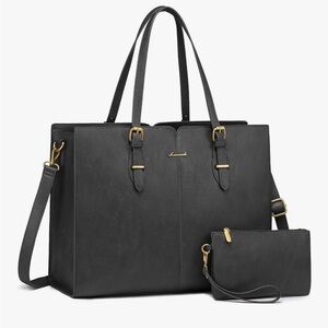 Black Leather Work Tote Bag with Pouch